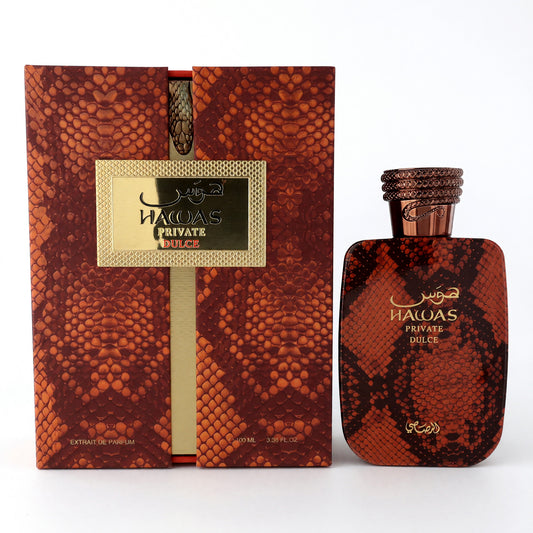 Hawas Private Dulce EDP spray bottle with matching box, dark red glass and cap