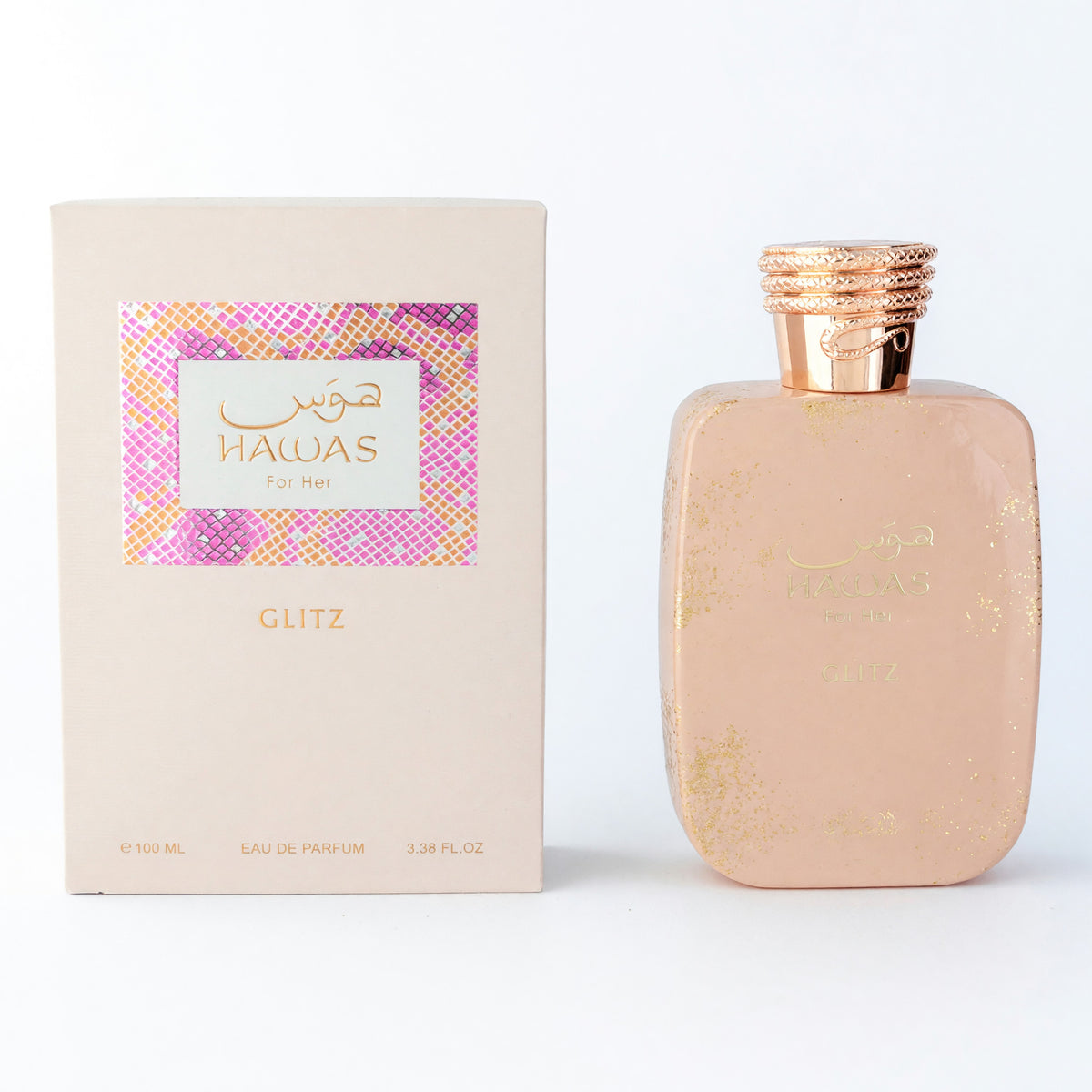 Women's Eau de Parfum spray bottle with rose-gold cap and matching product box