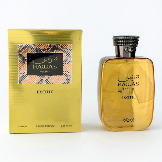 Rasasi Hawas Exotic for Him eau de parfum spray bottle with amber glass and gold box