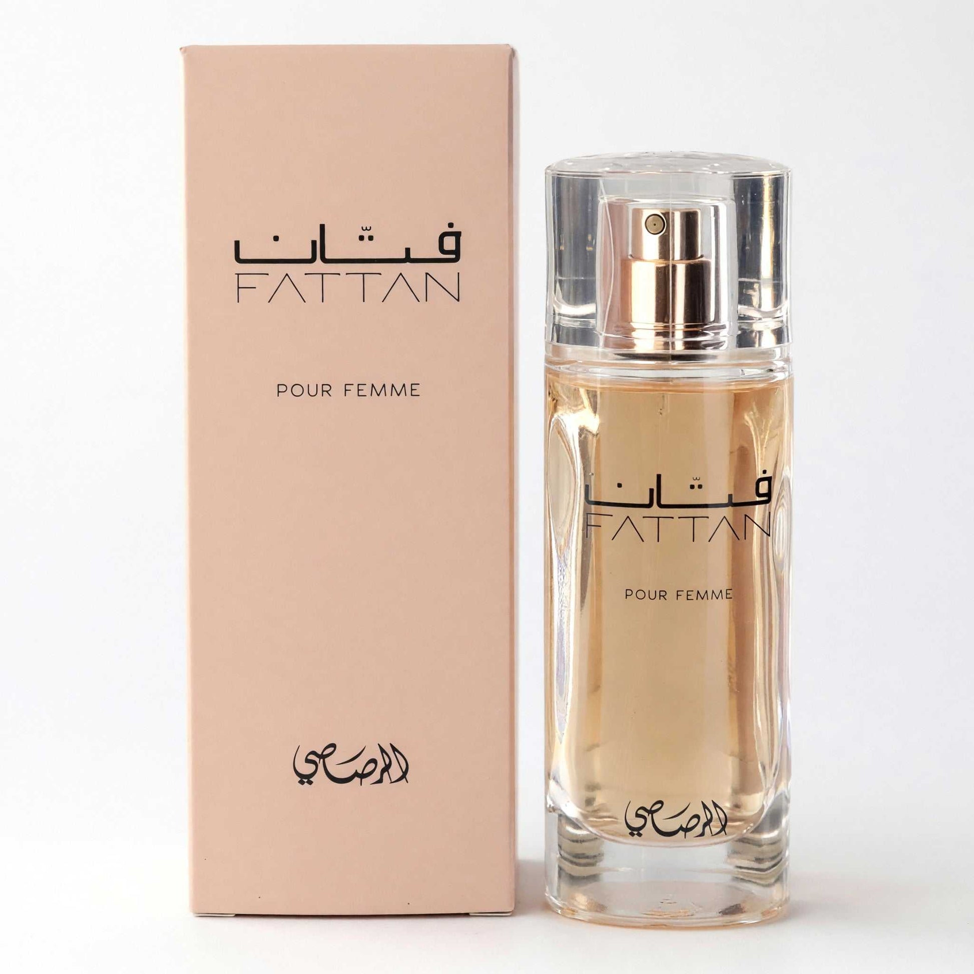 Rasasi Fattan women's EDP spray bottle with gold cap and matching box
