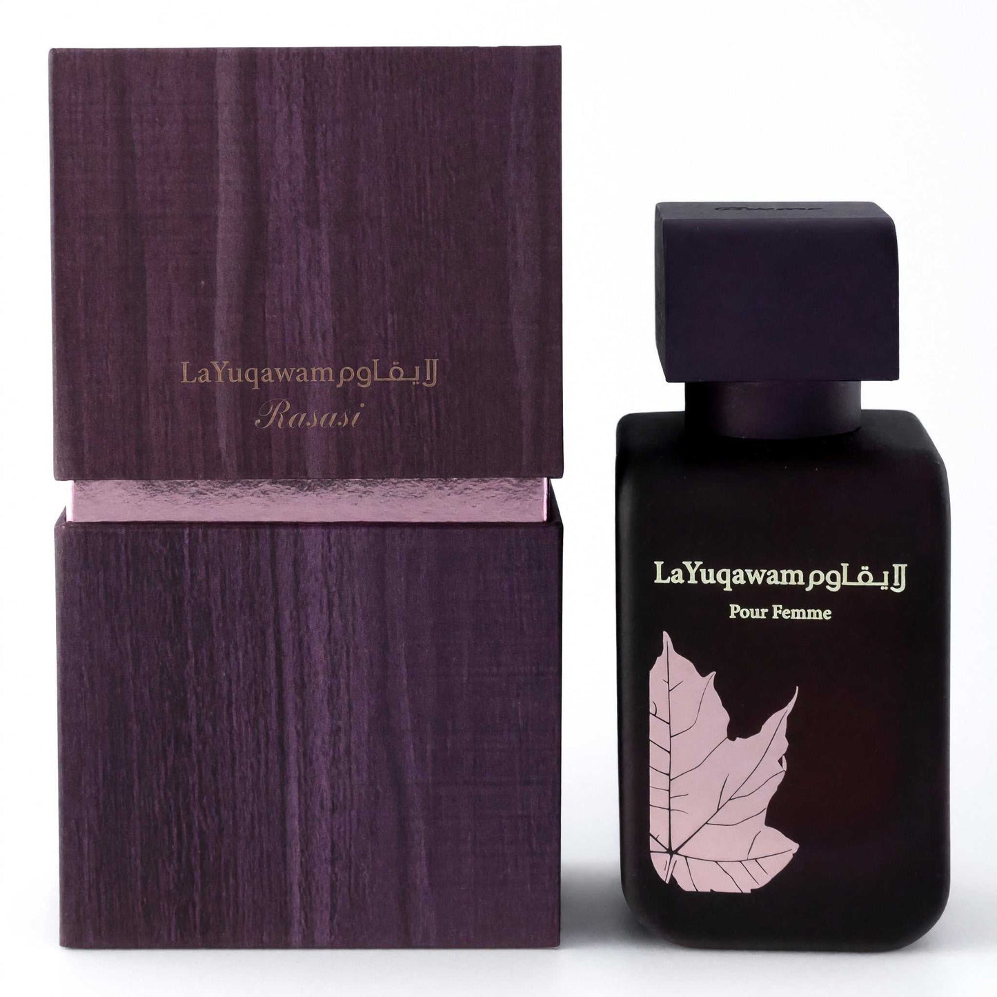 Women’s EDP spray bottle with dark cap, shown with burgundy gift box