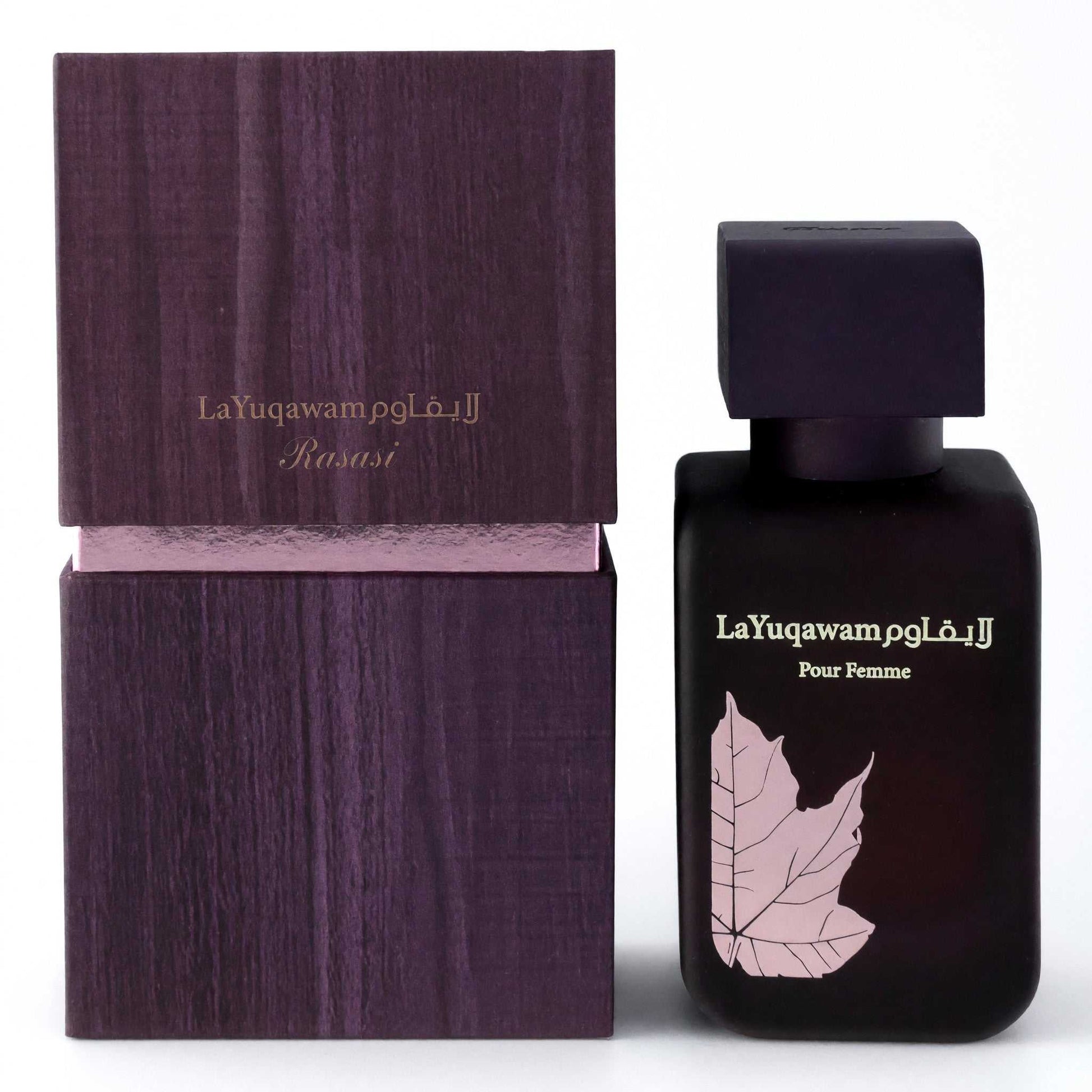 Women’s EDP spray bottle with dark cap, shown with burgundy gift box