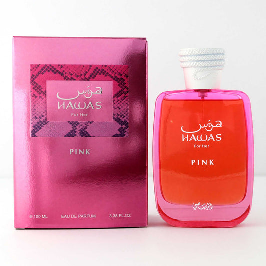 Hawas Pink EDP spray bottle with pink glass, cap, and matching retail box