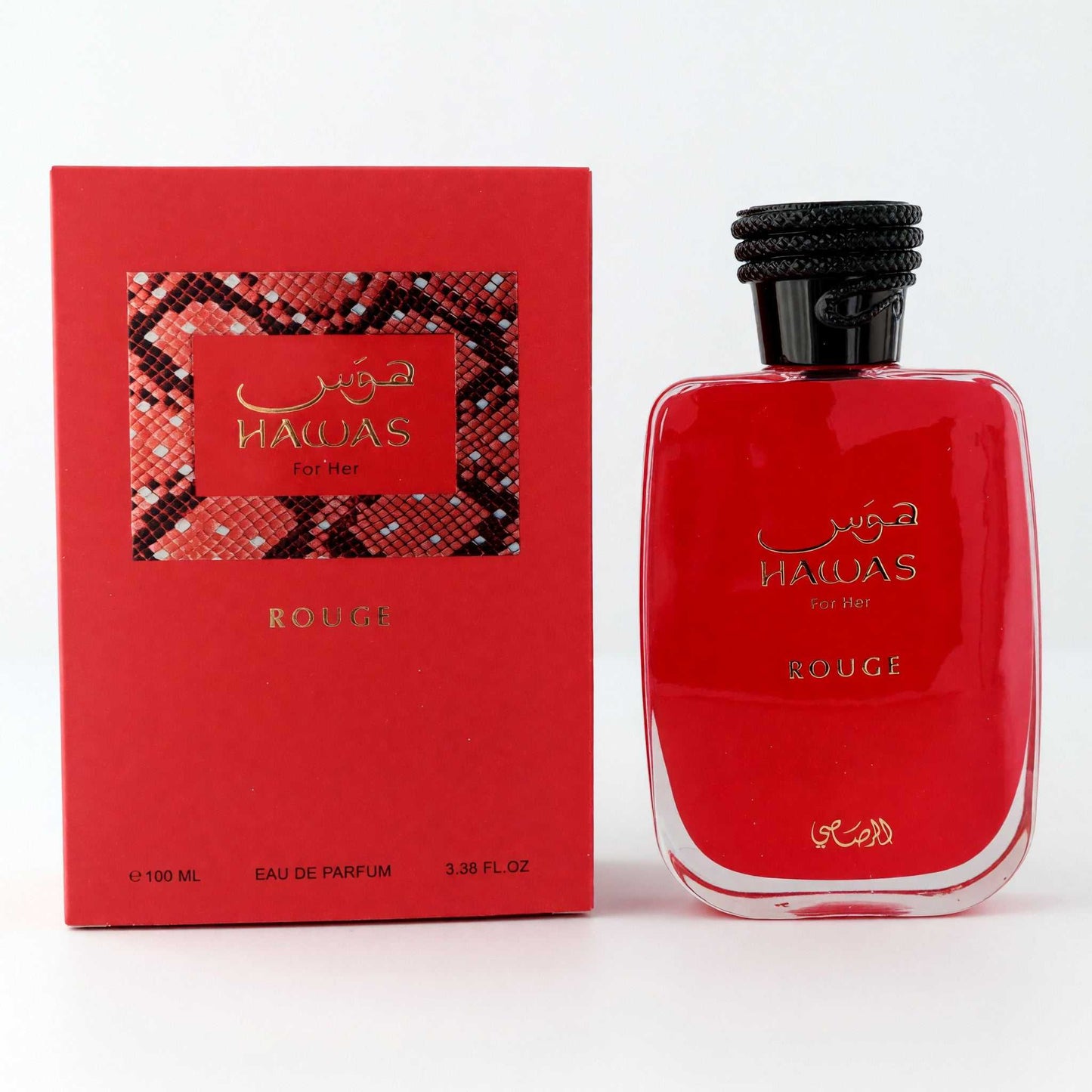 Red Hawas Rouge EDP spray bottle with black cap and matching box