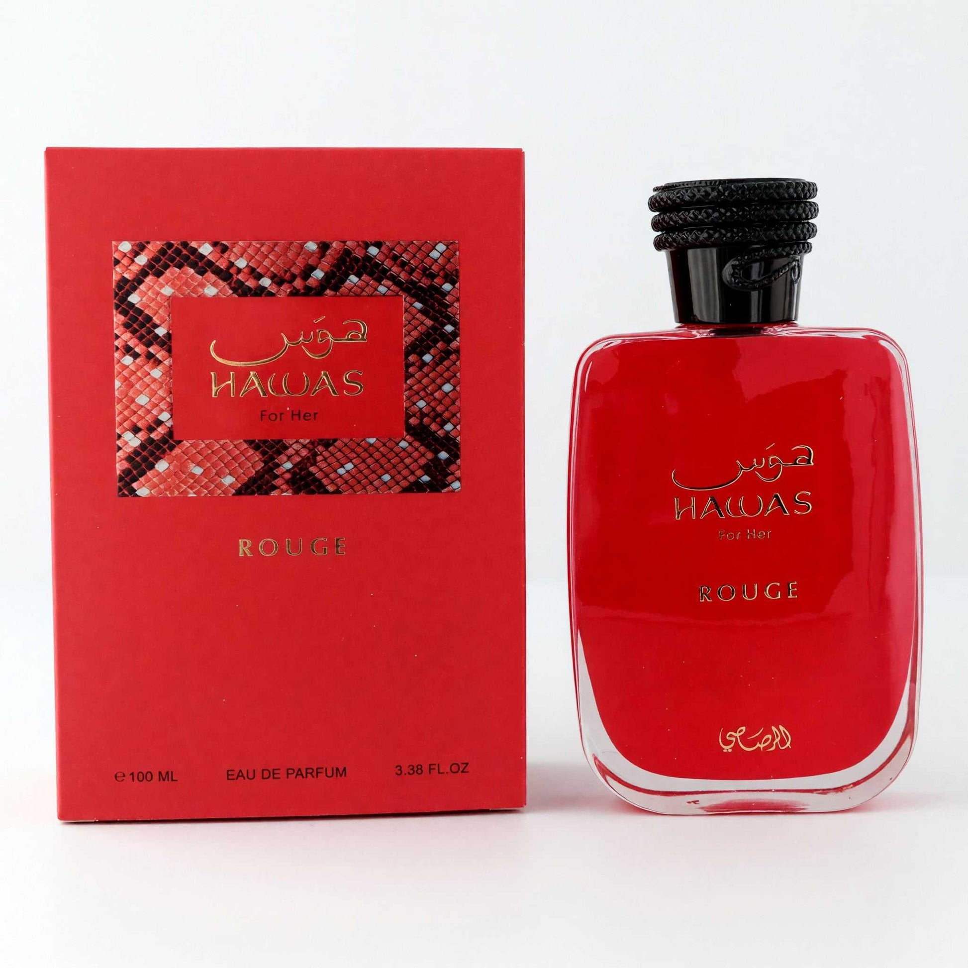 Red Hawas Rouge EDP spray bottle with black cap and matching box