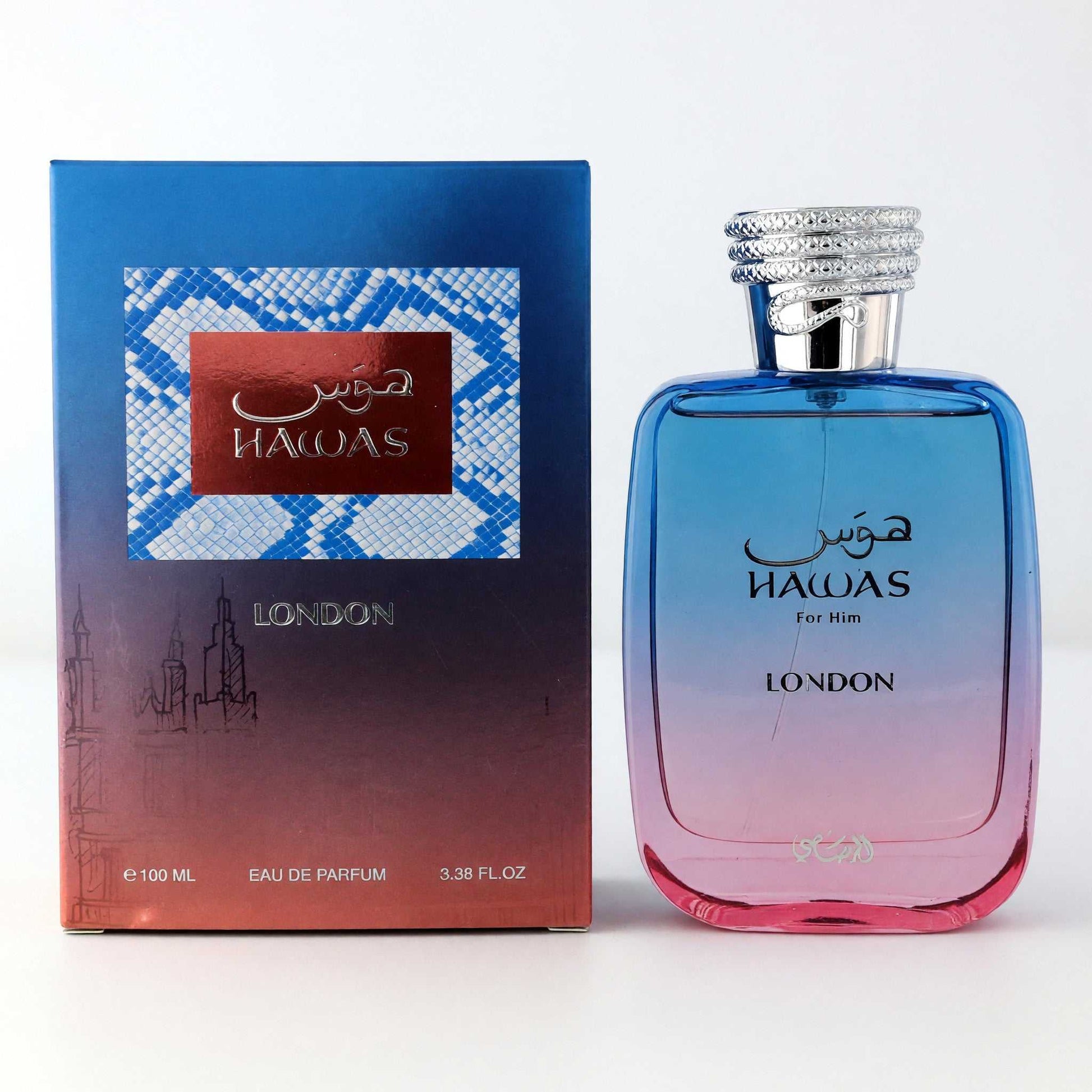 Hawas London for Him EDP spray bottle, blue glass with silver cap