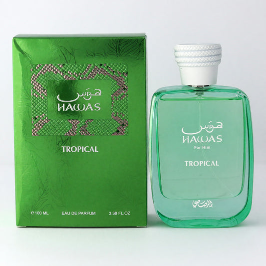 Men's tropical EDP perfume set with green glass bottle and matching green box