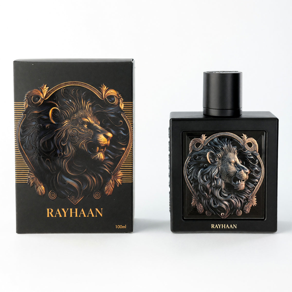 Rayhaan Lion men's EDP spray bottle with black cap and lion face label, in box