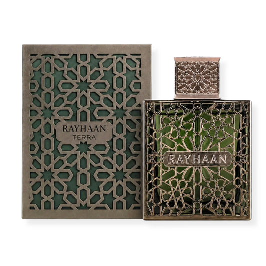 100 ml EDP perfume spray bottle with patterned box, dark glass and green design
