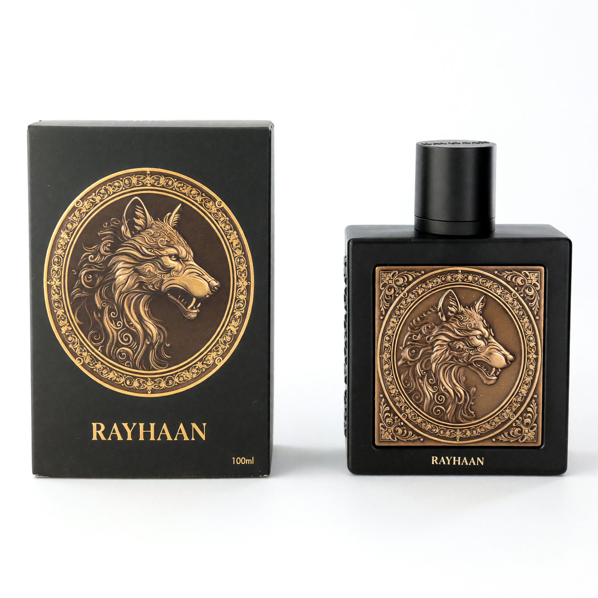 Men’s EDP spray set: black bottle with gold wolf emblem and matching black Rayhaan box
