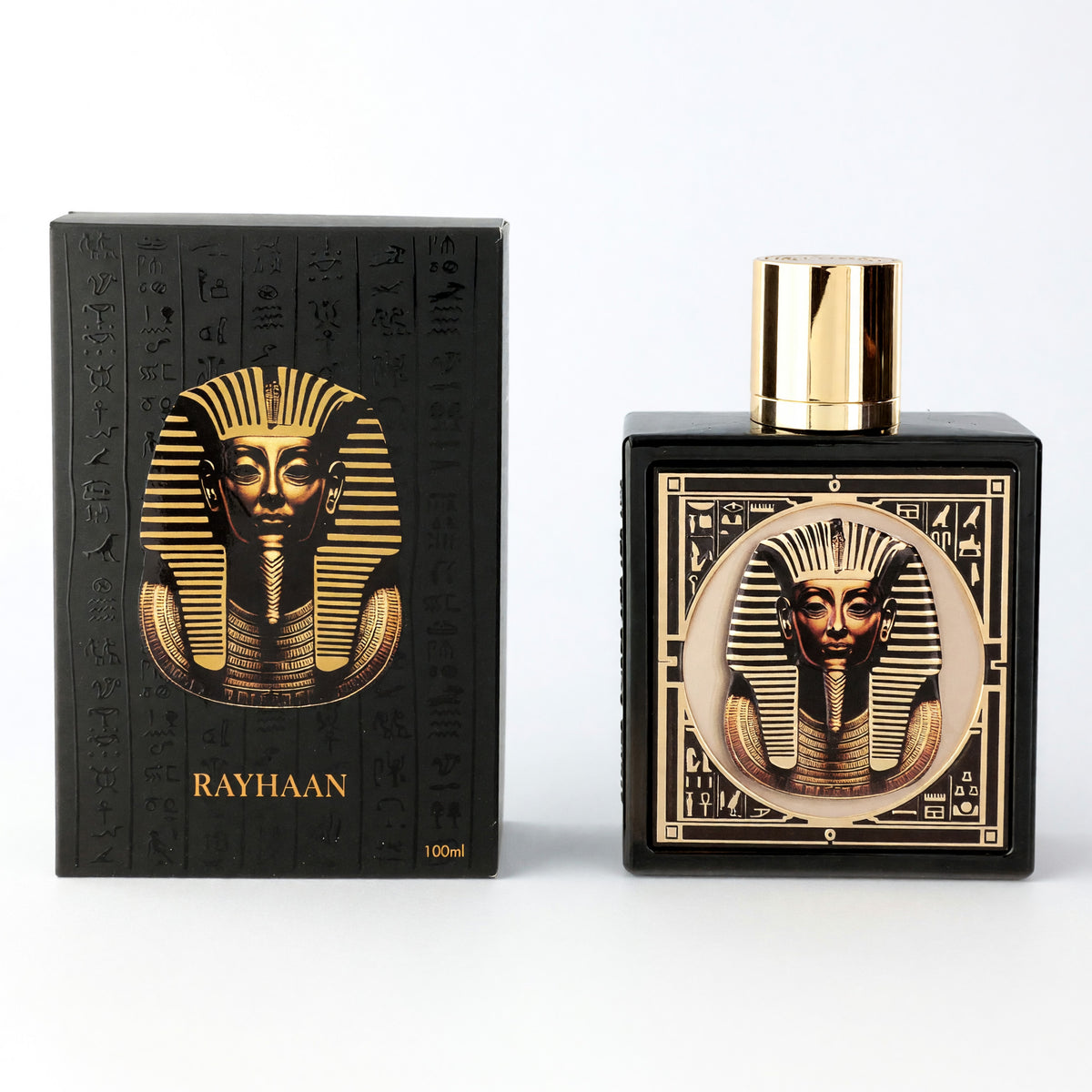 Unisex EDP spray fragrance bottle with Pharaoh-themed gold black design and matching box