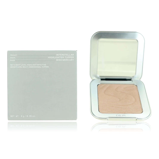 Highlighter topper compact with beige shimmer pan, open lid