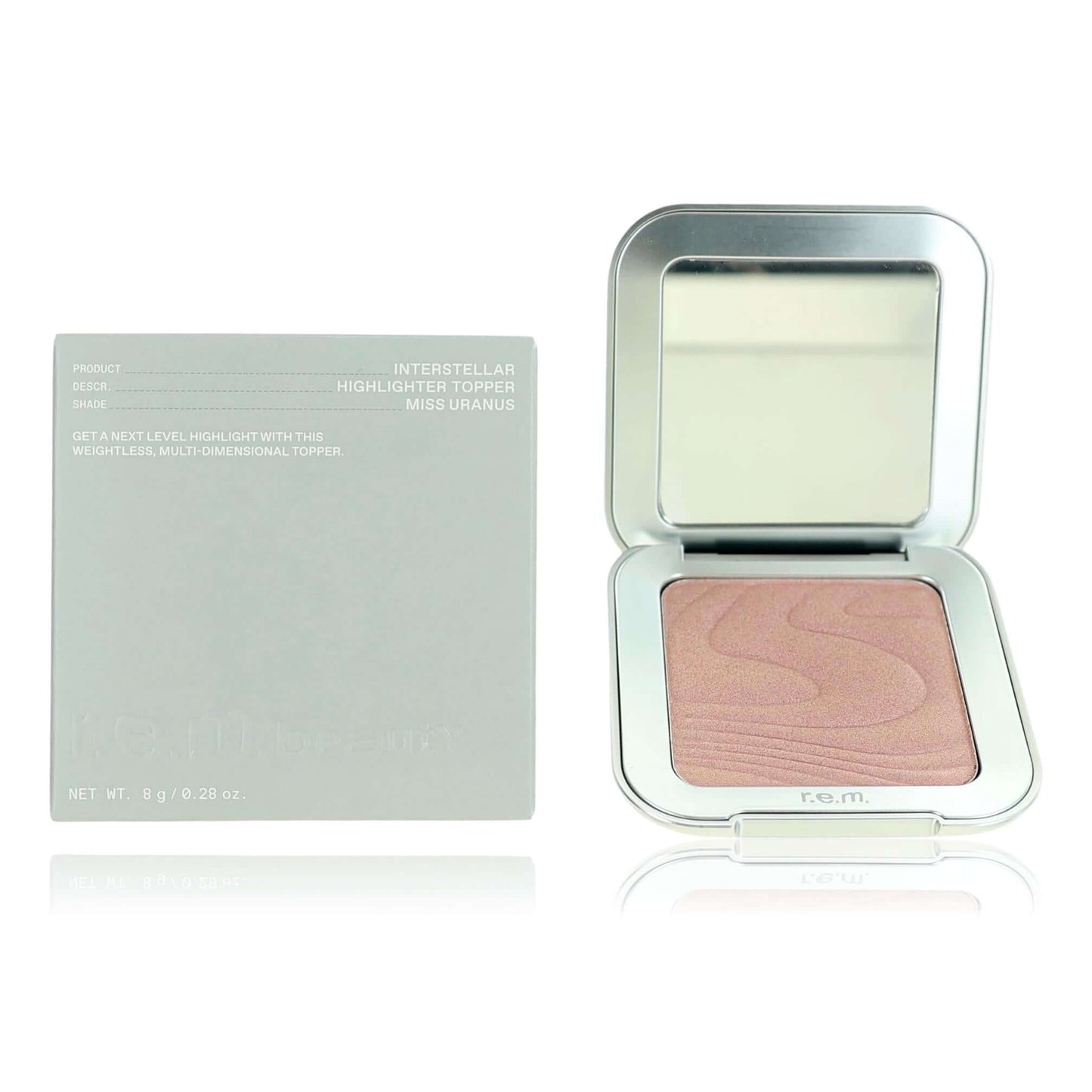 r.e.m. beauty Interstellar highlighter topper compact with pale pink shimmer powder
