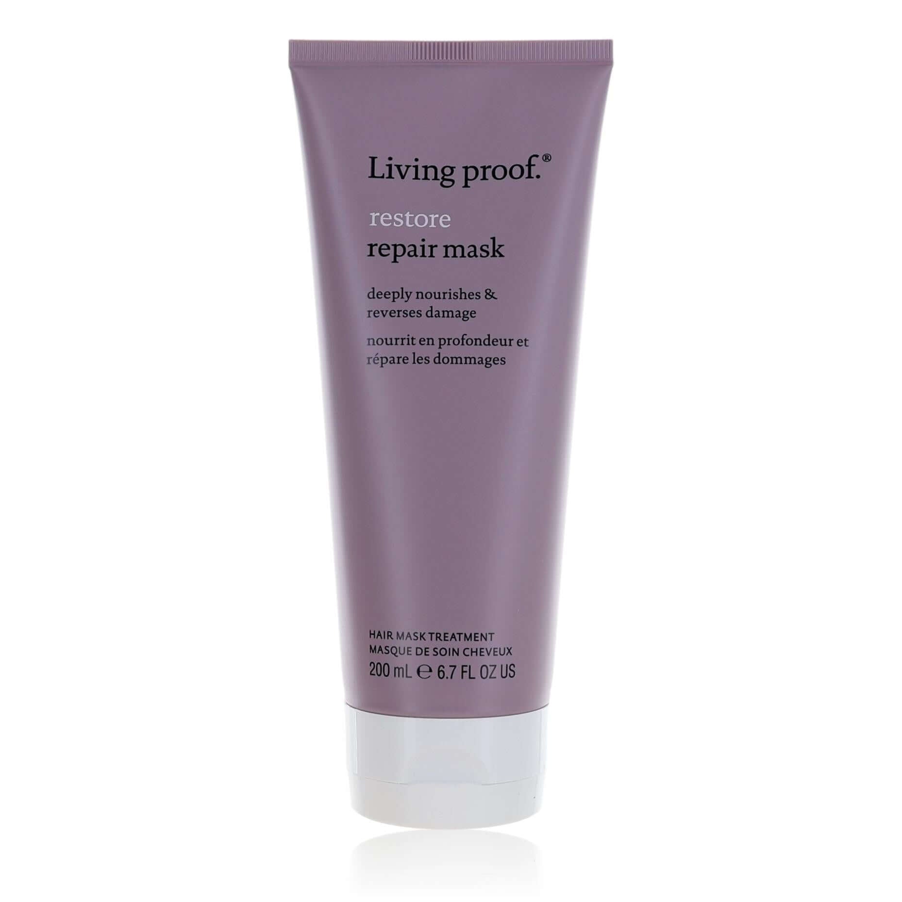 Living Proof restore repair mask hair treatment, purple squeeze tube with cap