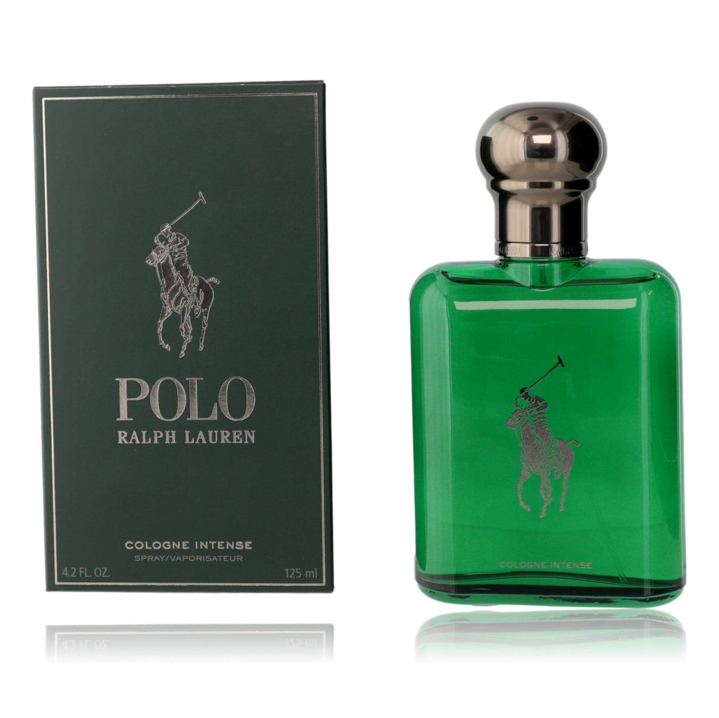 Men’s Polo cologne intense spray bottle with green glass and silver cap, 125 ml.