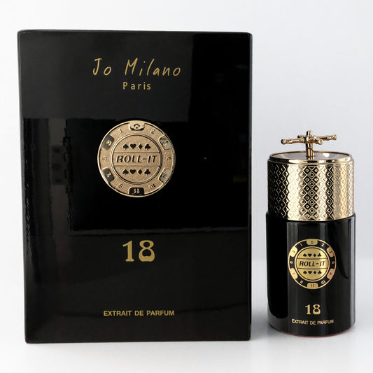Jo Milano Roll It 18 extrait de parfum roll-on bottle, black with gold patterned cap.
