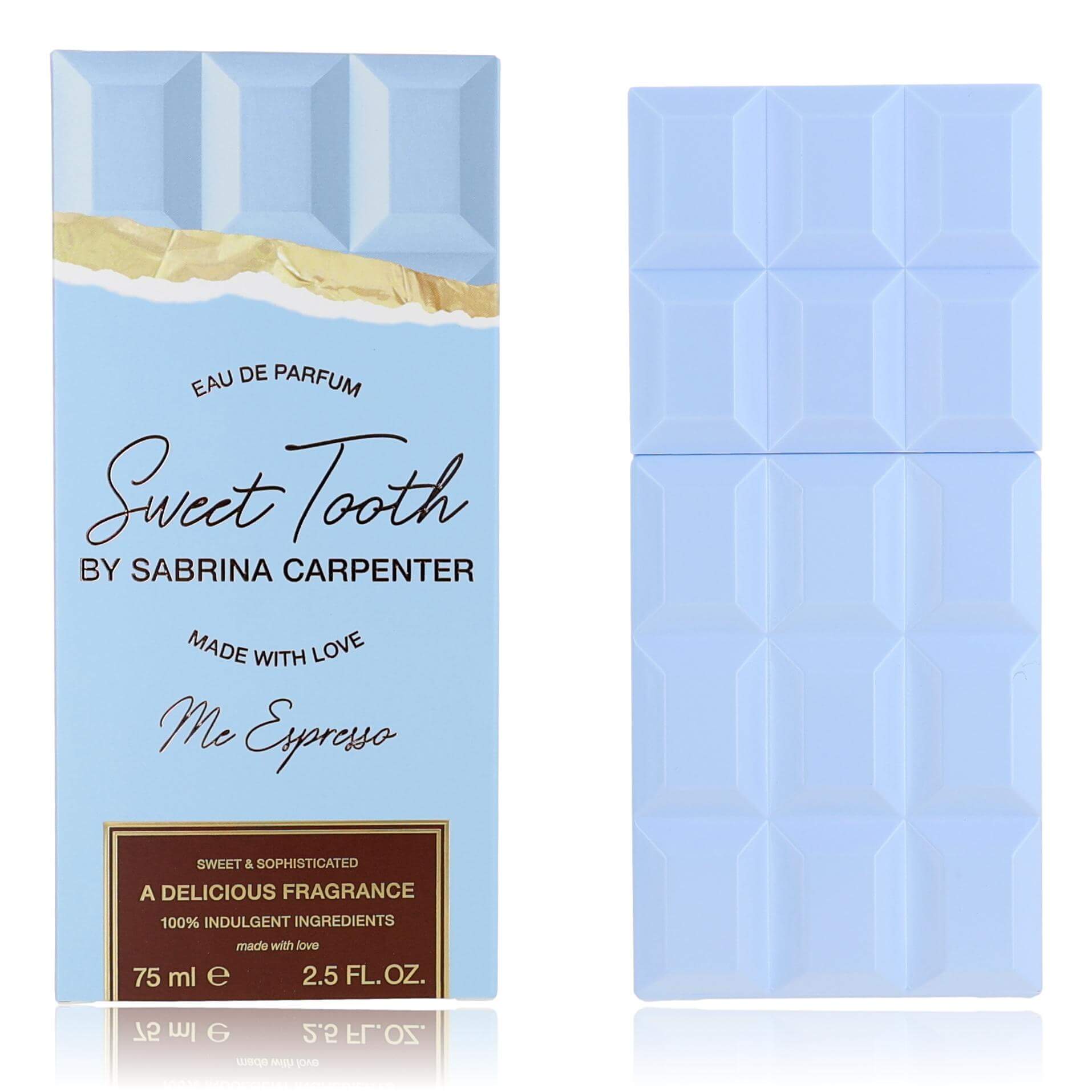 Sweet Tooth Me Espresso Eau de Parfum spray box with blue geometric design