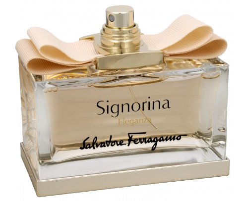 Signorina Eleganza perfume tester bottle with gold cap and ribbon, clear glass