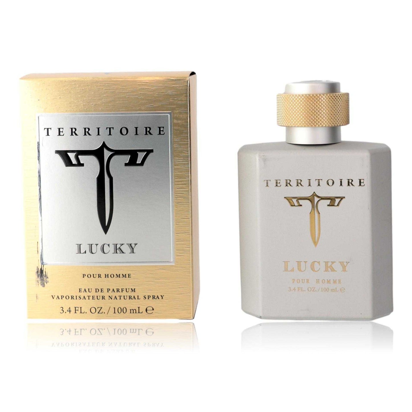 Men's eau de parfum spray bottle with box, silver cap and gold-toned collar.