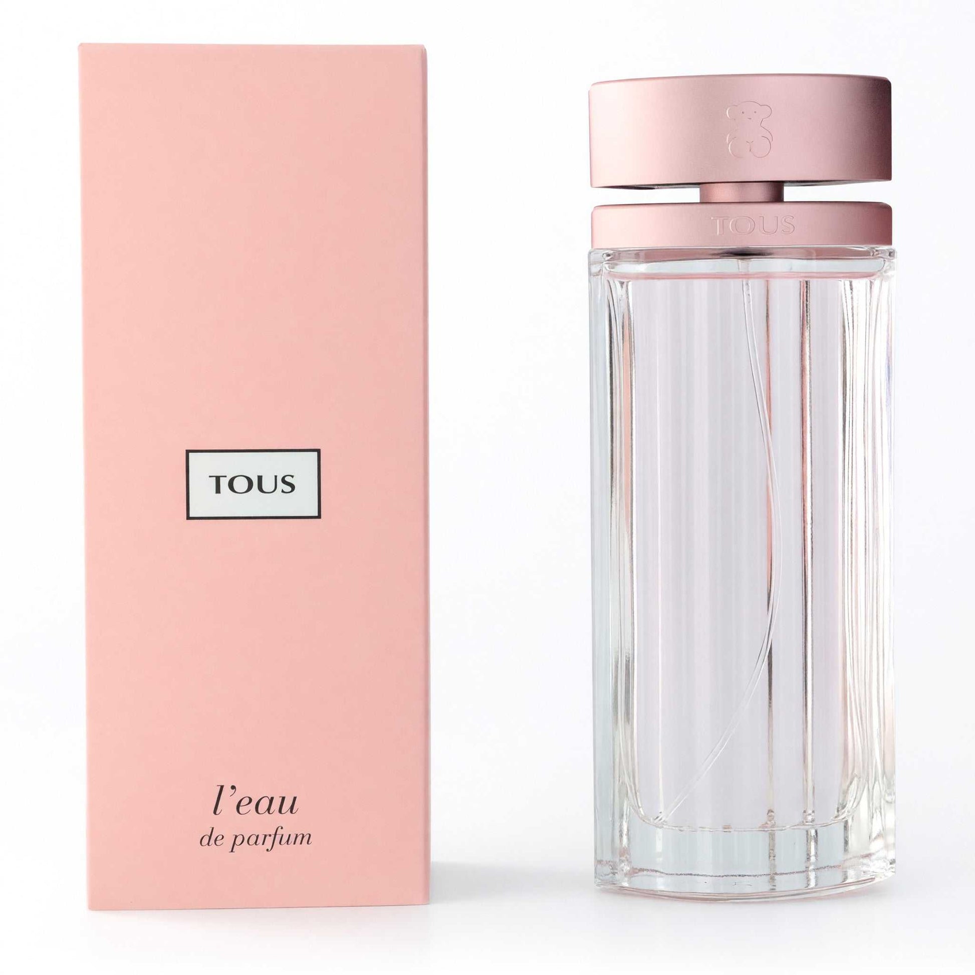 Tous L'eau EDP spray perfume bottle with pink cap and matching pink box, 3 oz