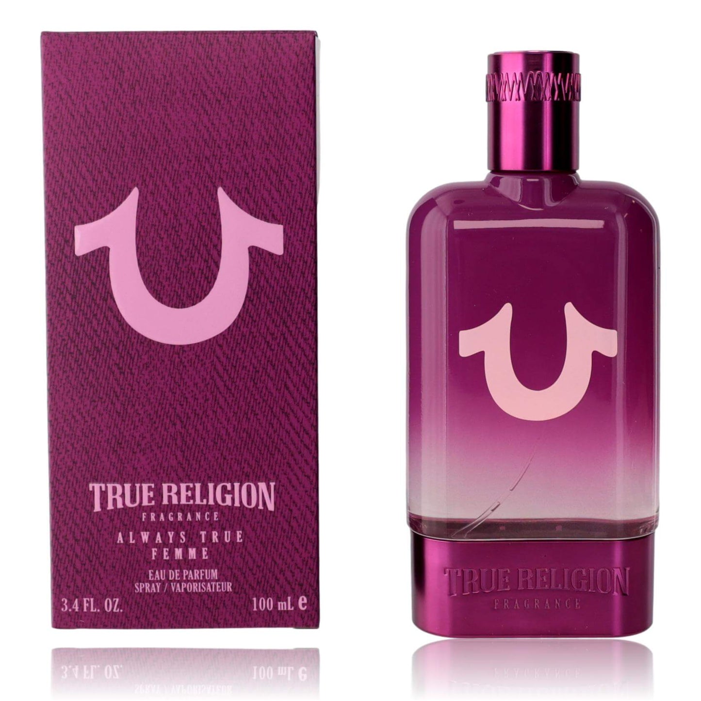 Women’s eau de parfum spray bottle with purple True Religion box