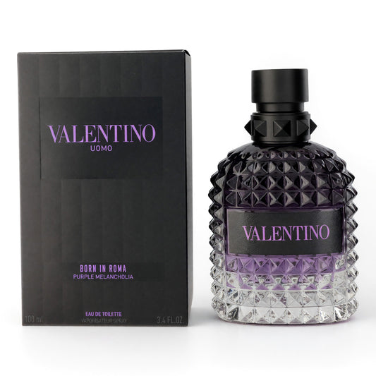 Men's EDT spray bottle with purple patterned glass and matching black Valentino box