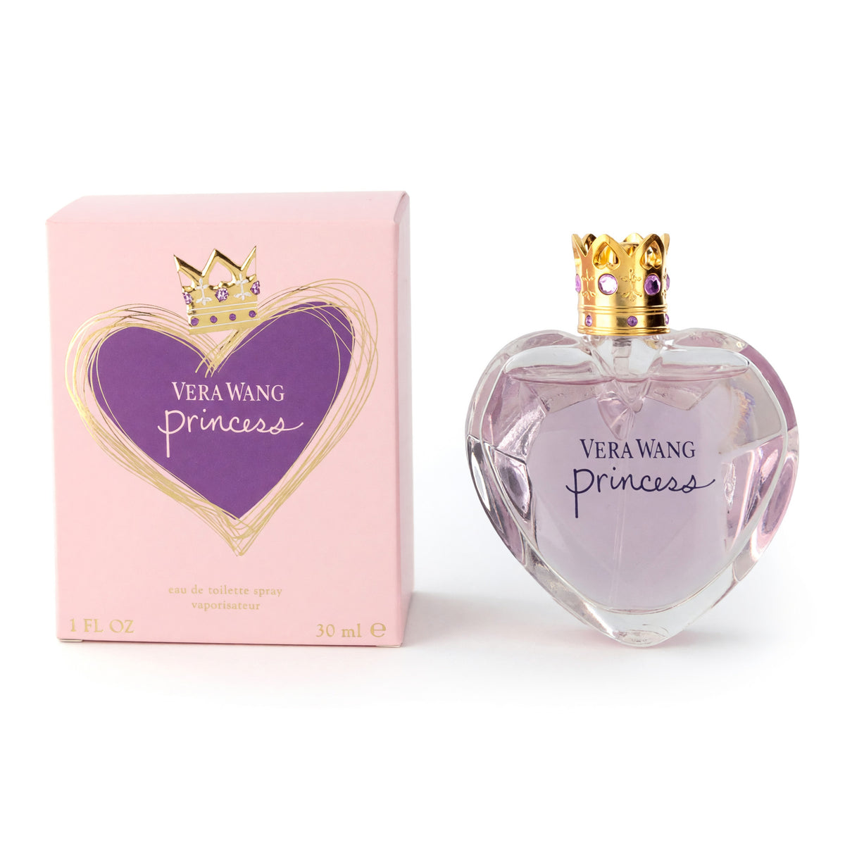 Women's heart-shaped EDT spray bottle, clear glass with gold crown cap