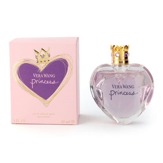 Women's heart-shaped EDT spray bottle, clear glass with gold crown cap