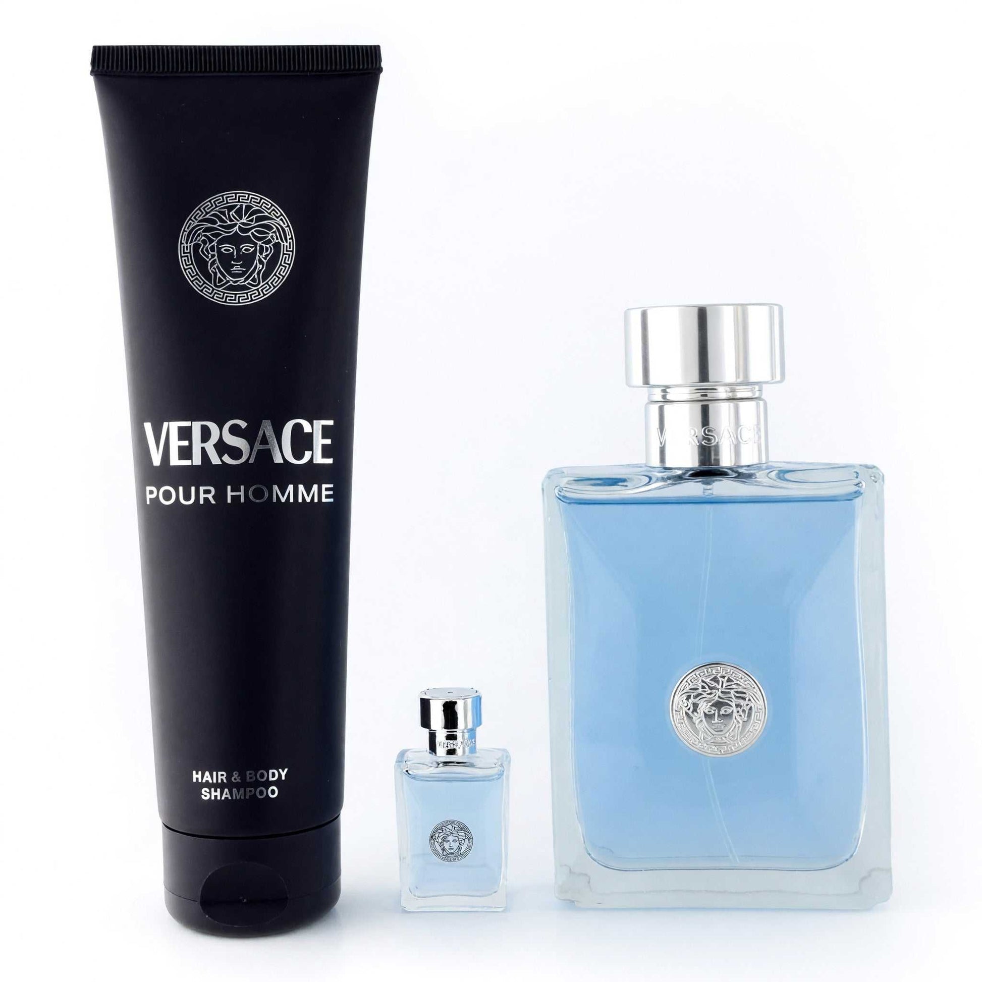 Versace Pour Homme 3-piece set: dark shampoo tube and two glass cologne bottles