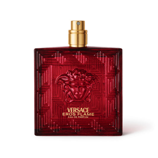 Men's EDP tester spray bottle, dark red glass with gold cap and embossed logo