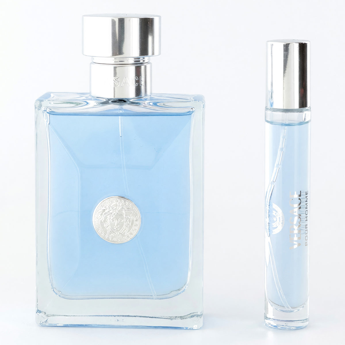 Versace Pour Homme men's fragrance set, blue glass bottle and travel spray