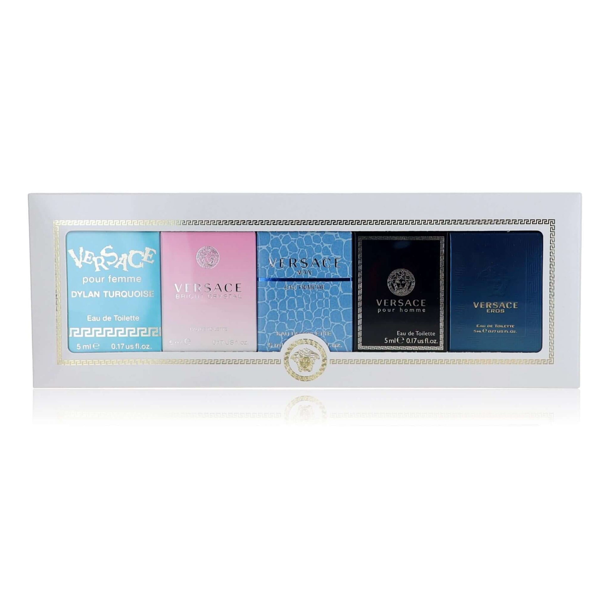Miniature perfume gift set box with five Versace bottles in display tray