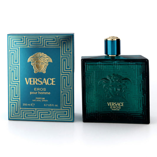 Men's Eros Versace parfum spray bottle with blue square box, 6.7 oz
