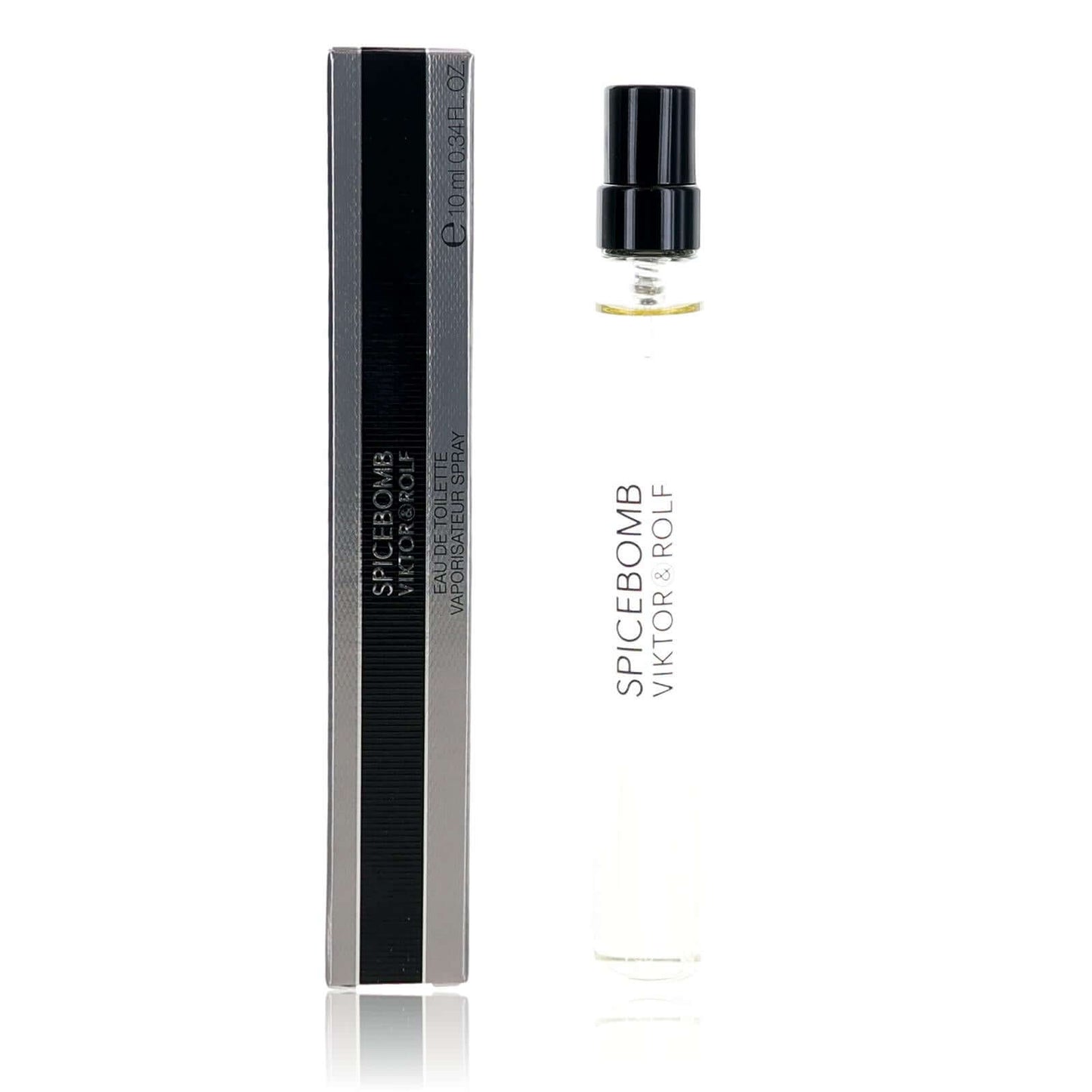 Men's EDT spray bottle with black cap and label, shown with dark rectangular box