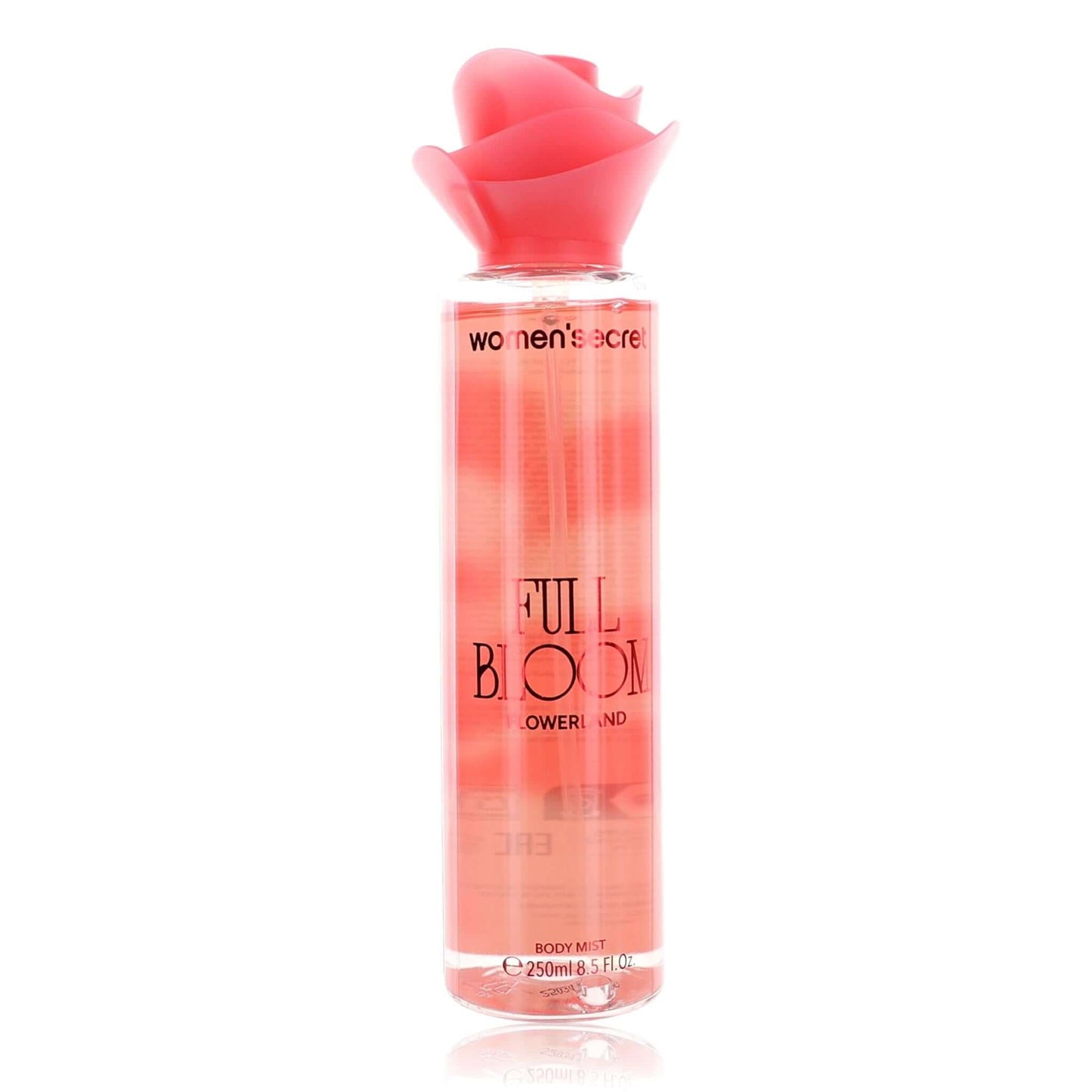 Pink body mist bottle with rose-pink cap; floral 'Full Bloom' label; Women'secret.