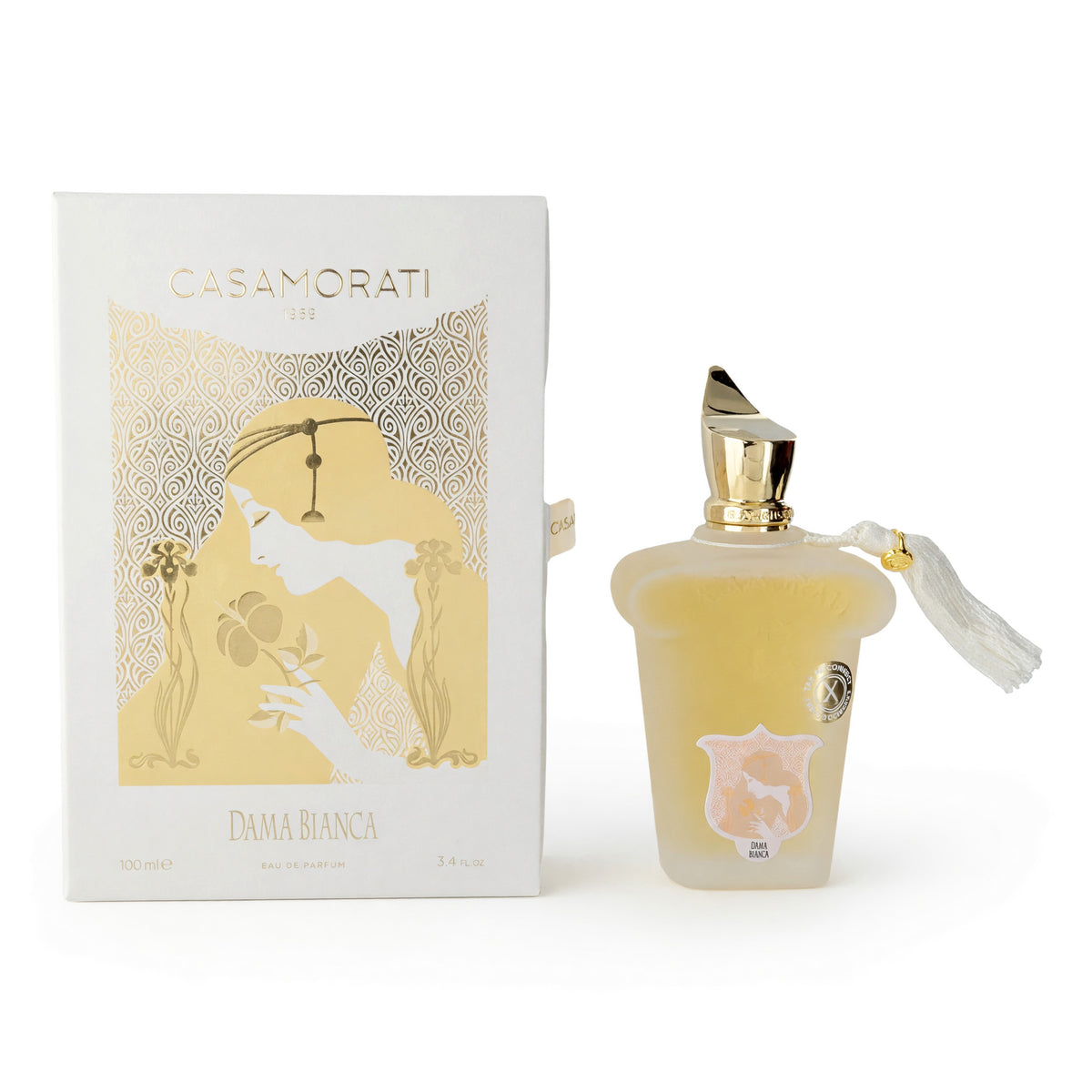 Women's eau de parfum spray: cream bottle with gold cap, shown with matching box
