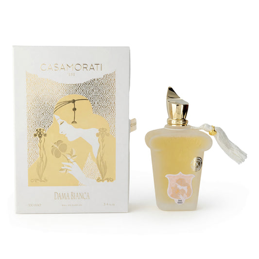 Women's eau de parfum spray: cream bottle with gold cap, shown with matching box