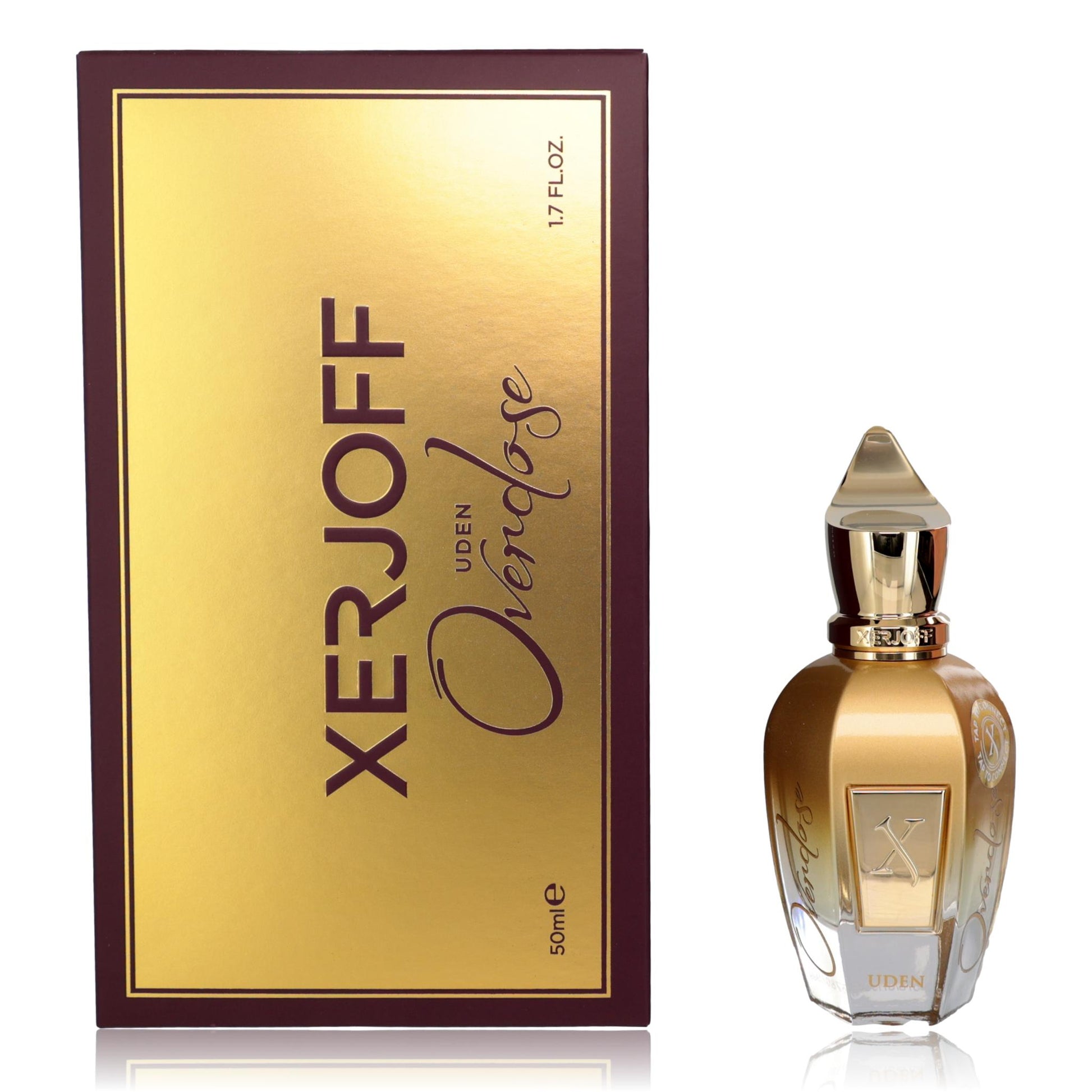 Amber perfume spray bottle with gold cap, with Uden Overdose box