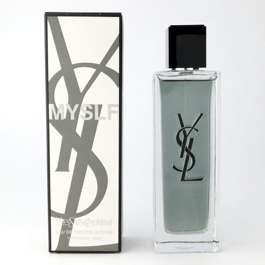 Men's MYSLF intense EDT spray bottle with pale green liquid, black cap, YSL logo.