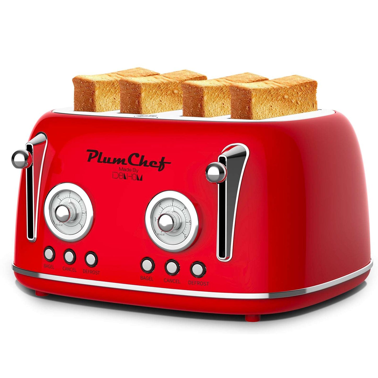 Red retro 4-slice toaster with bread slices on top and dual side lever handles