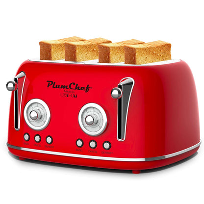 Red retro 4-slice toaster with bread slices on top and dual side lever handles