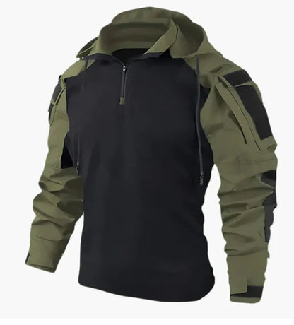 Black and green tactical jacket with a hood on a white background