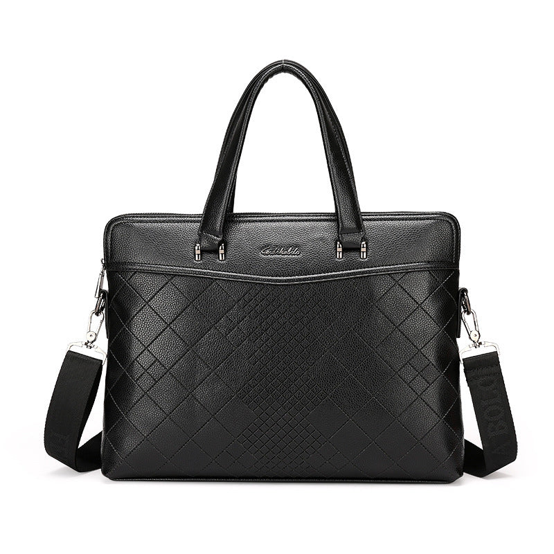 Black leather document briefcase with quilted diamond texture, top handles and side straps
