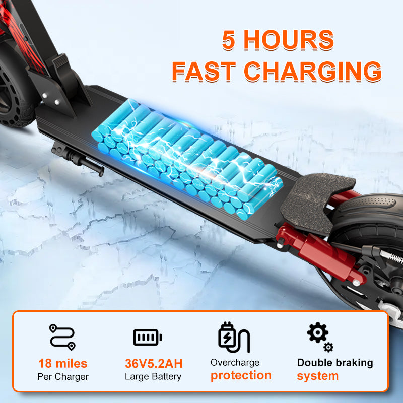 Red and black electric scooter with open charging battery panel on the deck