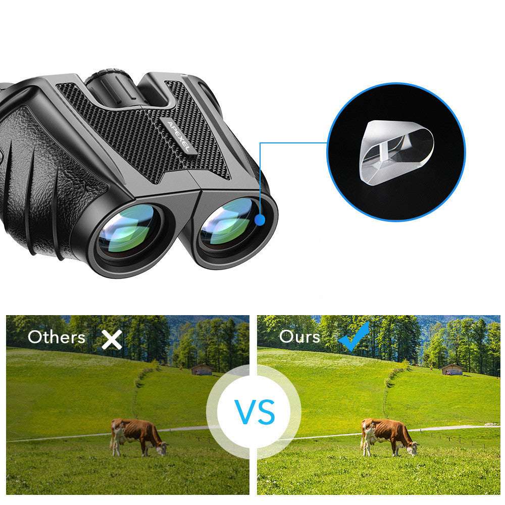 Binoculars with a close-up of a lens, comparing 'Others' to 'Ours' on a grassy field background.