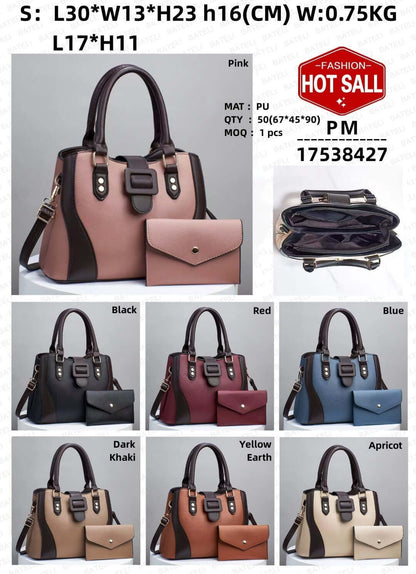 Handbag tote set with matching clutch shown in multiple color options