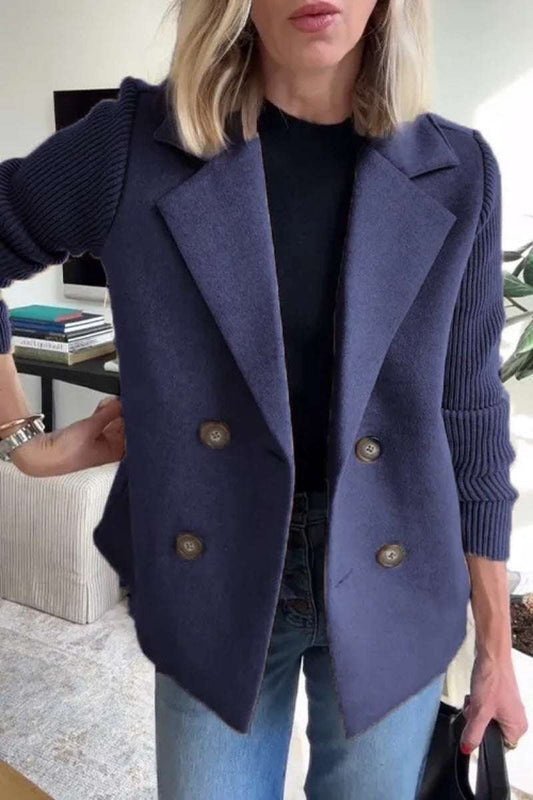 Women's Double Breasted Splicing Coat with Knitted Sleeves Double Breasted Lapel Jacket Fashion Kni | Ectron Online