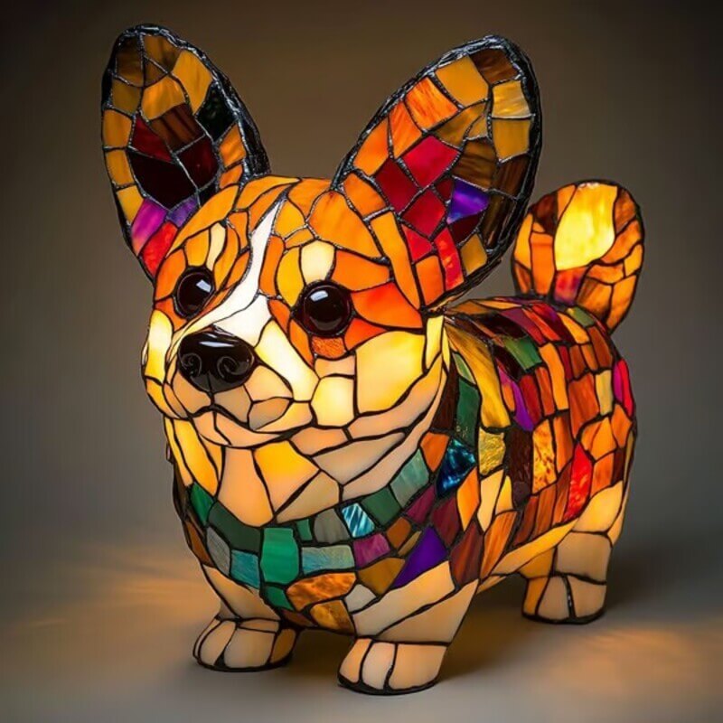 Colorful mosaic dog lamp with upright ears, seated with front paws forward