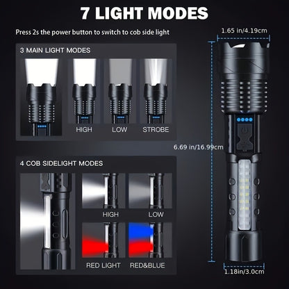 Black telescopic flashlight displaying multiple light modes and blue indicator panel