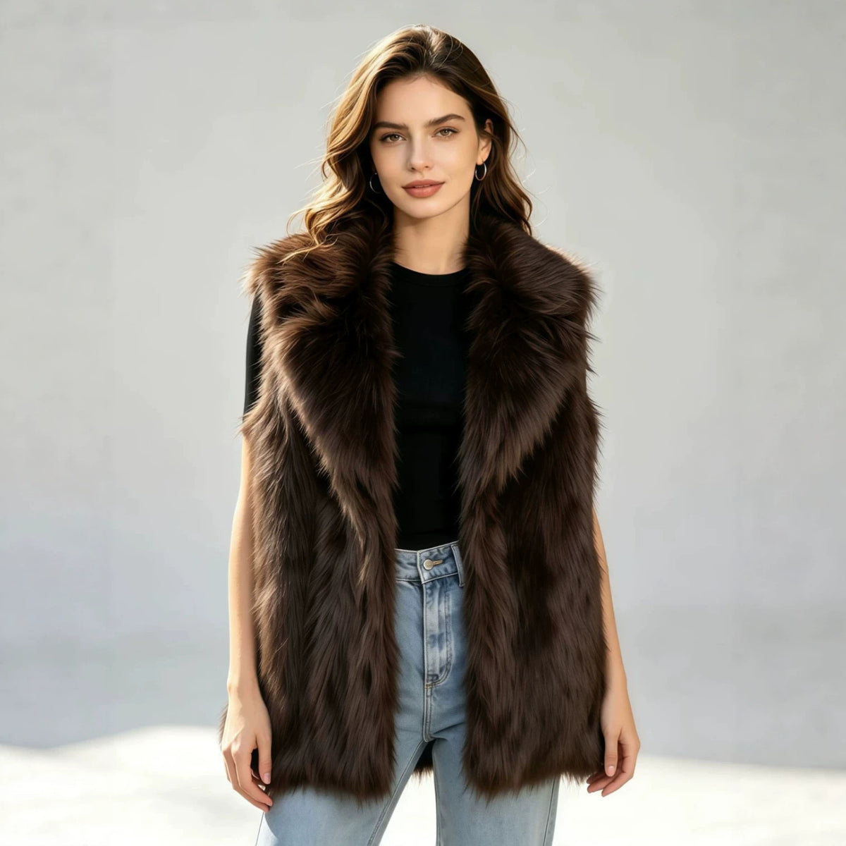 Brown faux fur waistcoat vest with oversized suit-collar, sleeveless